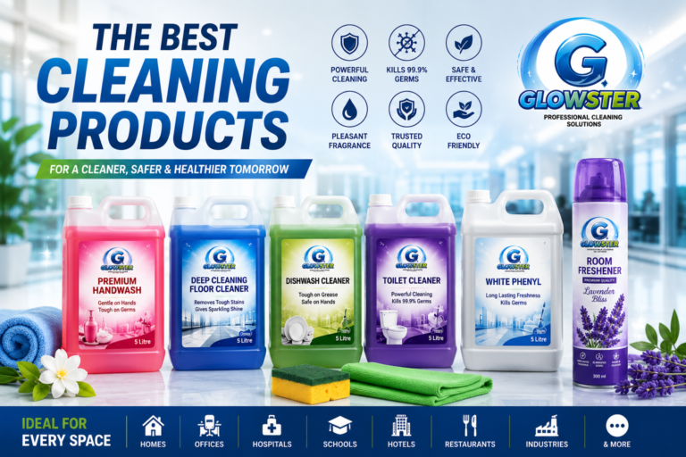 Best cleaning products for offices by Glowster including handwash floor cleaner glass cleaner toilet cleaner and hygiene solutions