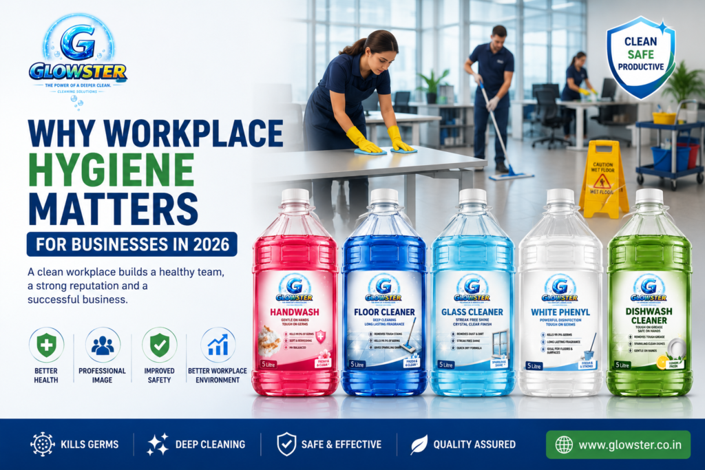 Glowster commercial cleaning products for workplace hygiene including 5 litre handwash, floor cleaner, white phenyl, glass cleaner and dishwash cleaner for offices, industries and businesses