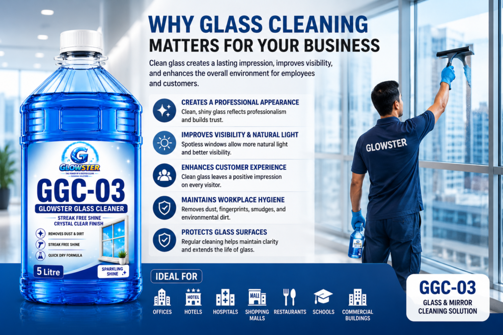 Commercial Glass Cleaning for Offices Hotels Hospitals and Commercial Buildings using Glowster GGC-03 Glass Cleaner