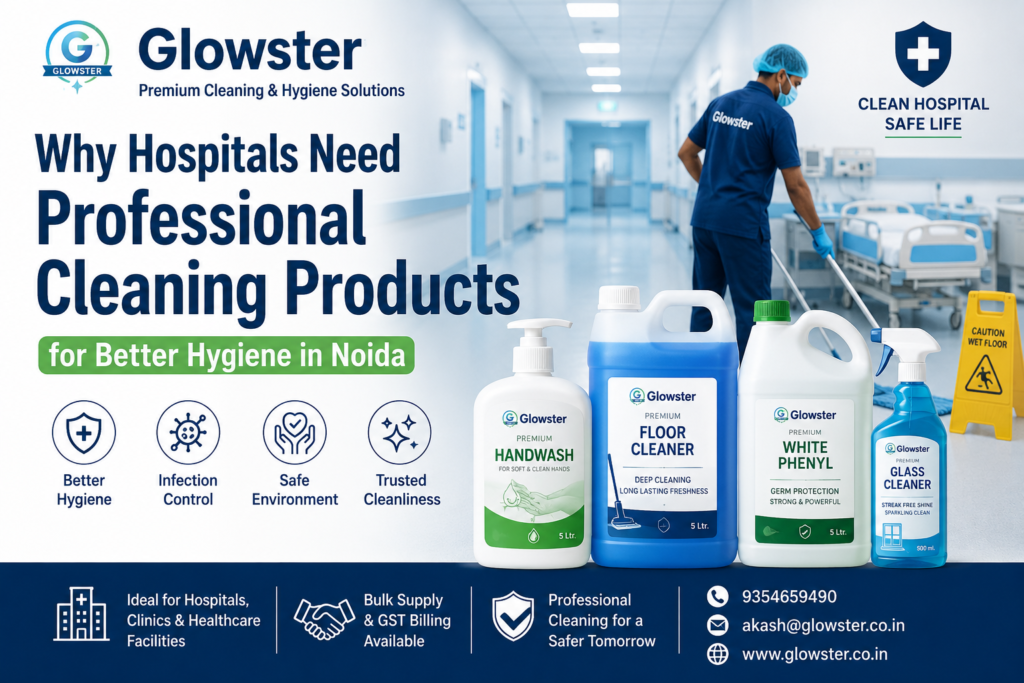 Professional hospital cleaning products in Noida by Glowster including commercial handwash, floor cleaner, white phenyl and glass cleaner for better hygiene and safety.