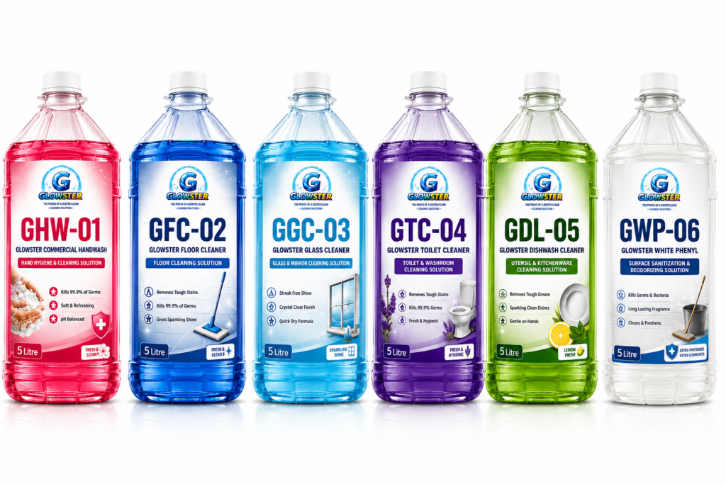 Glowster 5 litre commercial cleaning product bottle with product code, professional label and hygiene cleaning solution for offices, hotels, hospitals and industries