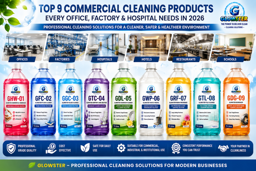Top 9 Commercial Cleaning Products by Glowster for Offices Factories and Hospitals