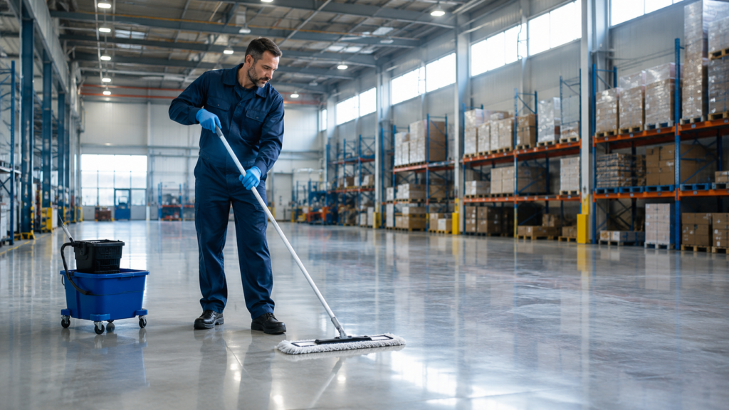 cleaning products for warehouses and factories by a professional worker using industrial cleaning equipment in a factory environment.