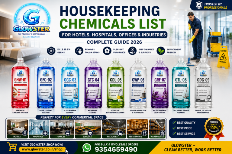 Housekeeping chemicals list including floor cleaner, glass cleaner, toilet cleaner, handwash and commercial cleaning products by Glowster.