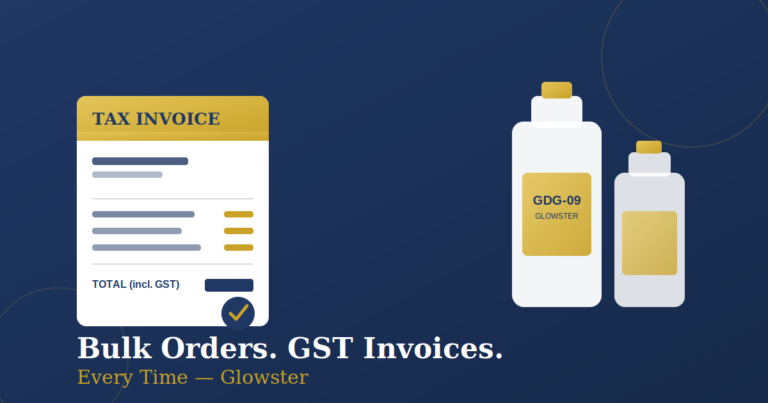Bulk cleaning products GST invoice illustration showing tax invoice and Glowster commercial cleaning bottles