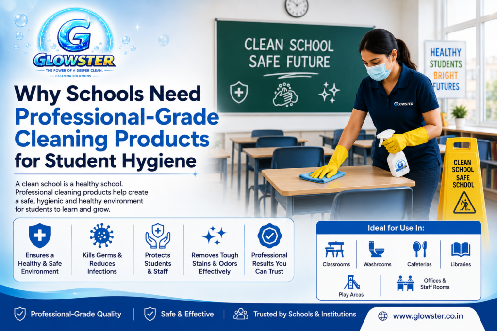 Cleaning products for schools illustration showing hygiene supplies for classrooms, washrooms and canteens