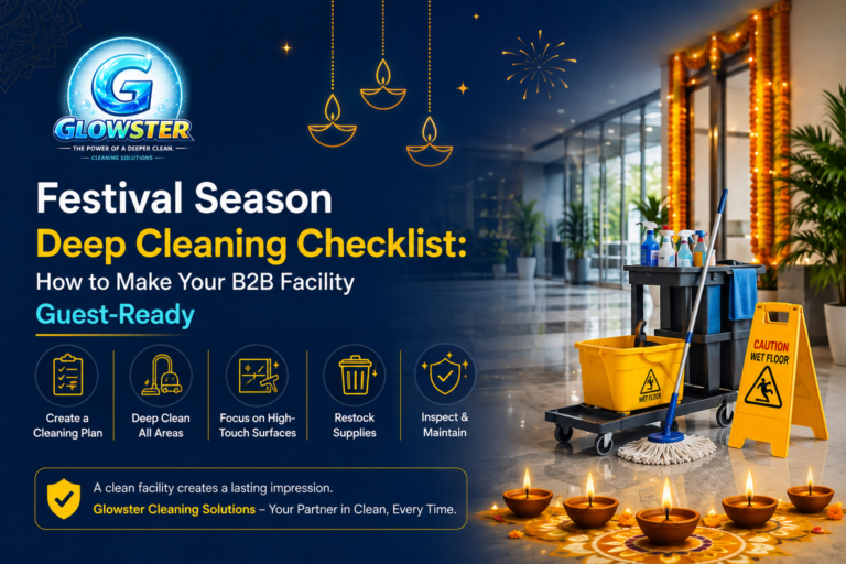 Festival Season Deep Cleaning Checklist for B2B Facilities by Glowster featuring commercial cleaning products, checklist, and festive Diwali decor.