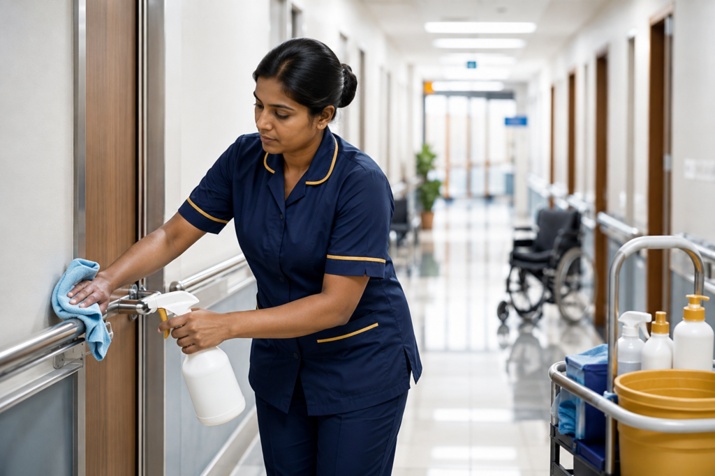 Hospital-grade sanitization practices — staff disinfecting high-touch surfaces as part of a hospital cleaning checklist by Glowster