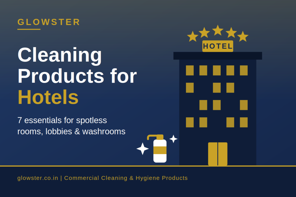 Cleaning products for hotels including Glowster floor cleaner, glass cleaner, handwash and room freshener for guest rooms and lobbies cleaning products for hotels
•